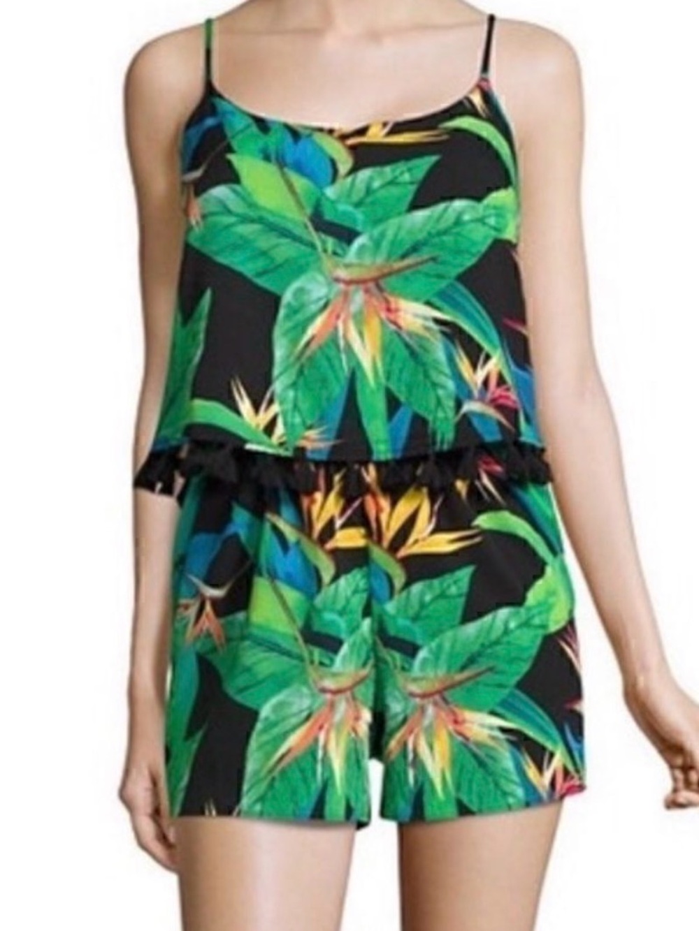 a.n.a Green Tropical Palm Print Romper with Ruffle Waist